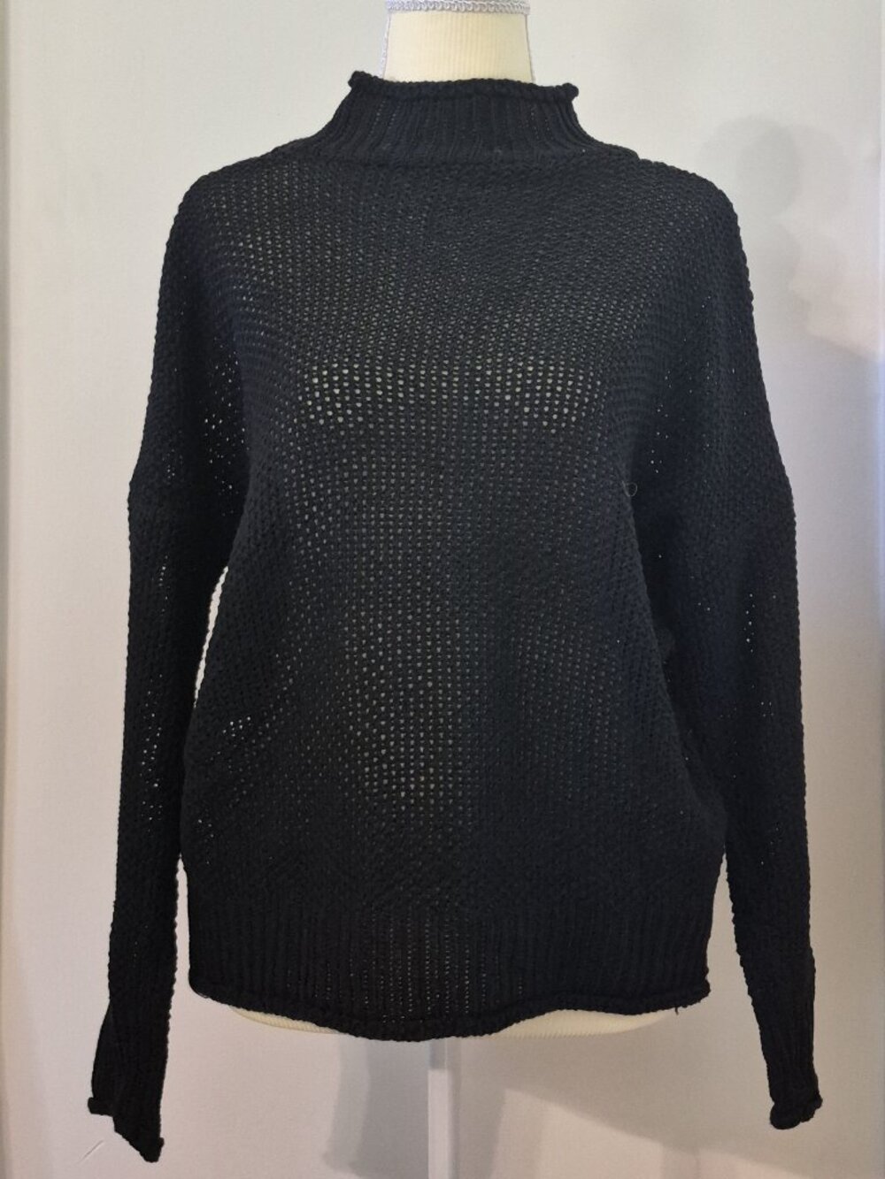Hand-Knit Black Open-Knit Mesh Turtleneck Sweater Oversized Lagenlook Artisan